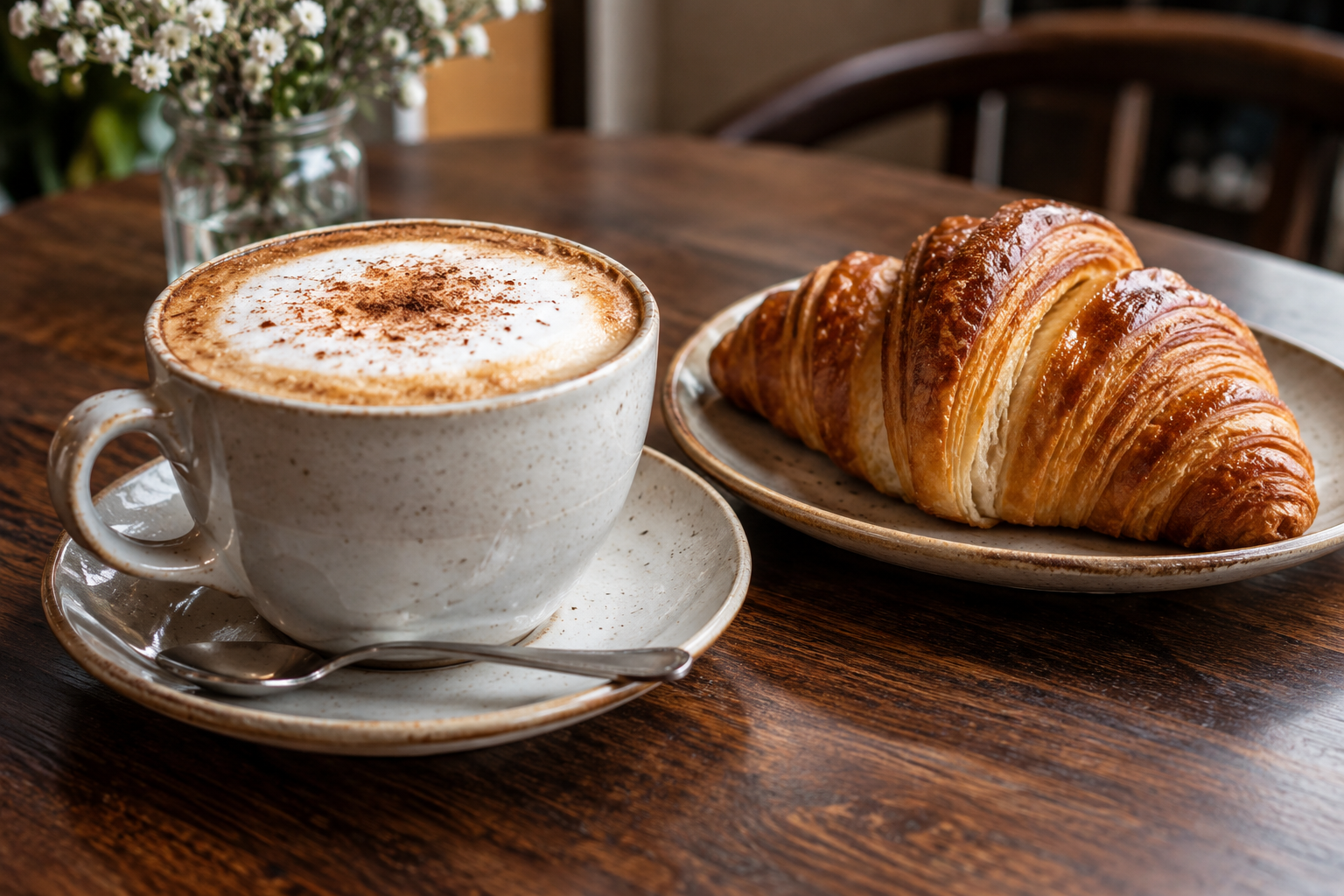 Cappuccino and a croissant on a wooden cafe table