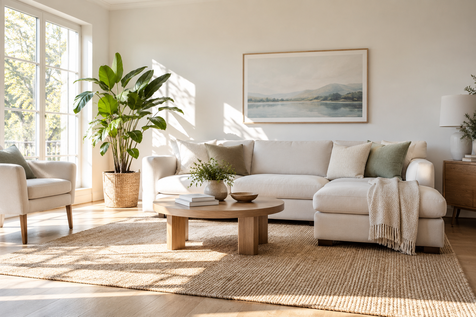 Sunlit living room with a cream sofa and a green plant