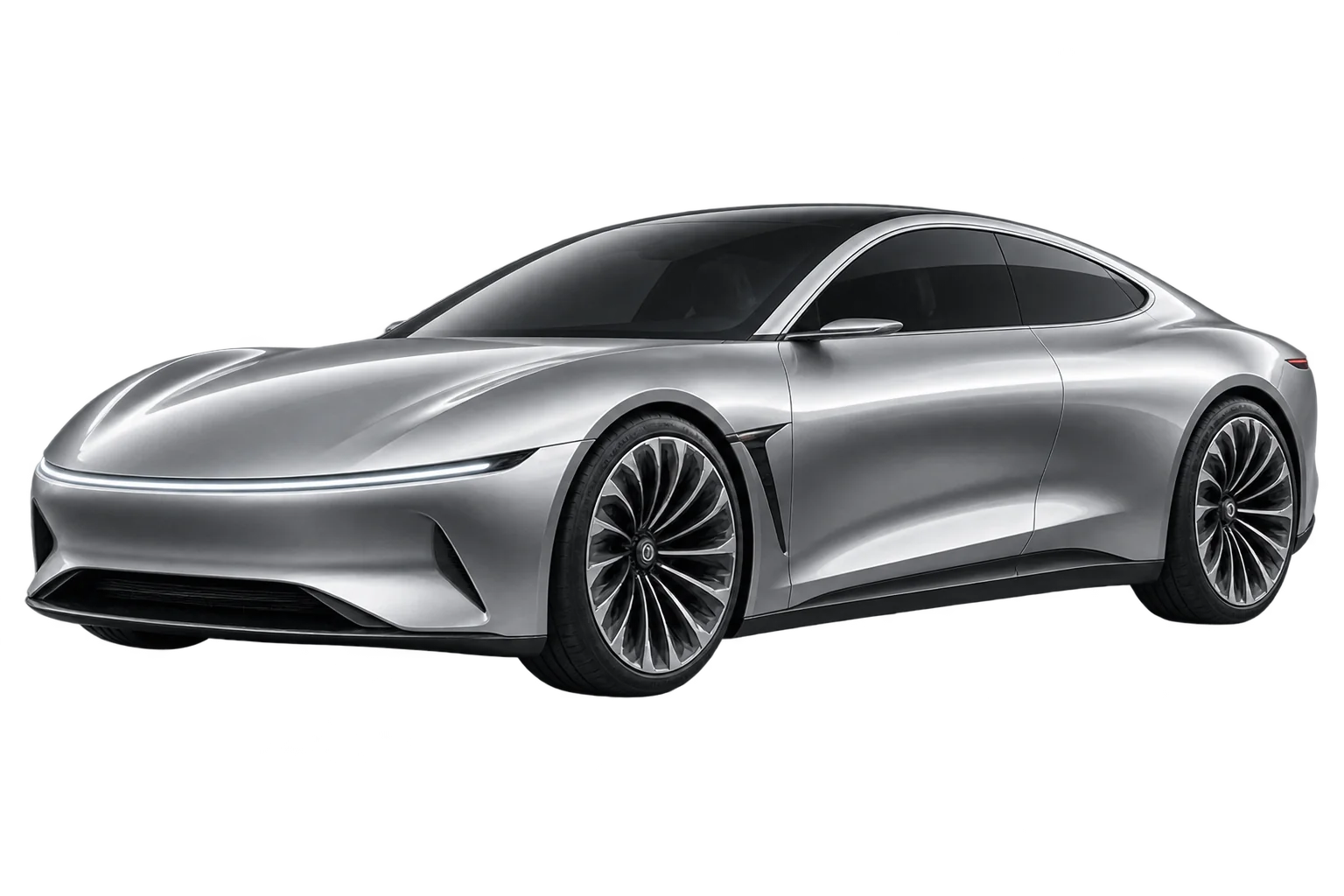 Original silver concept grand tourer with a sculpted body, dark glass canopy and turbine wheels.