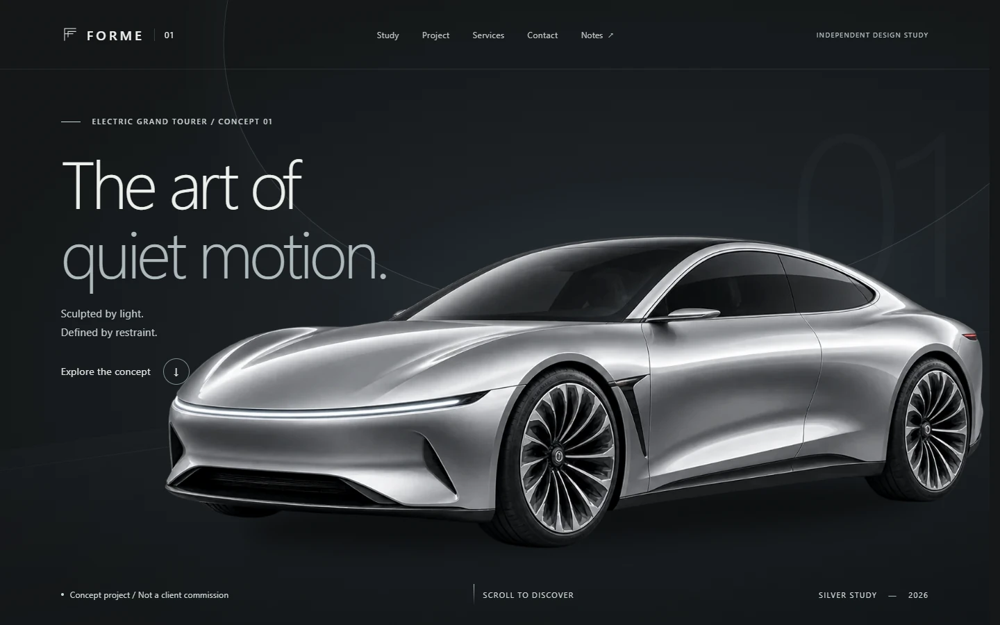 Actual FORME website screenshot: refined typography and a silver concept grand tourer